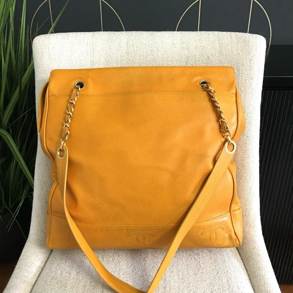 Authentic CHANEL large yellow caviar leather executive tote
